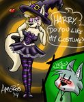  &lt;3 2014 anthro blood blush canine corset costume dialogue english_text female fennec fox halloween harry_amor&oacute;s hat high_heels holidays legwear looking_at_viewer magic_user male mammal nosebleed ribbons stockings text witch witch_hat wolf 