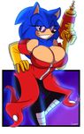  2014 anthro big_breasts blue_hair breasts cleavage clothed clothing crossgender dress eyewear female glasses green_eyes gun hair hedgehog looking_at_viewer mammal ranged_weapon sega smile solo sonic_(series) sonic_the_hedgehog supersonicrulaa weapon 