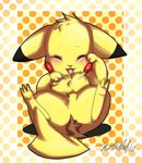  abstract_background blush chubby cute eyes_closed female feral fluffy fur happy mayu_(tartii) nintendo open_mouth pikachu pok&eacute;mon solo spread_legs spreading tartii tuft video_games yellow_fur yellow_theme 