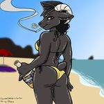  alcohol anthro beach beverage black_fur black_hair black_nose bottle breasts brown_eyes butt caprine cigarette clothed clothing curly_hair female frown fur hair hat horn looking_at_viewer mammal outside pinkle sea seaside short_tail side_boob skimpy smoke smoking solo standing swimsuit water 