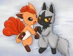  2011 bed black_nose brown_eyes cute duo female feral fur grey_fur hindpaw ippan-jin lying male nintendo on_back open_mouth pawpads paws pok&eacute;mon poochyena red_eyes red_fur red_nose video_games vulpix 