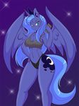  2014 anthro anthrofied blue_eyes blue_feathers blue_hair blue_skin bra breasts cleavage clothed clothing crown cutie_mark equine female friendship_is_magic hair headphones horn long_hair looking_back mammal mastergodai my_little_pony navel panties princess_luna_(mlp) purple_background solo standing thick_thighs underwear wide_hips winged_unicorn wings 