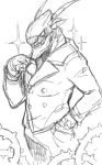  antennae anthro anthrofied arthropod clothed clothing doublebite_(artist) insect jacket kha&#039;zix_(lol) league_of_legends male monochrome riot_games sketch smile smirk sparkles standing video_games 