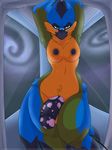  2014 animal_genitalia anthro arms_above_head avian beak bird blue_feathers blue_nipples breasts dickgirl green_feathers horsecock inside intersex locosaltinc looking_at_viewer nipples orange_feathers penis pose red_eyes seljhet solo thick_thighs wide_hips 