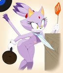  anthro apron areola blaze_the_cat bottomless breasts cat clenched_teeth clothed clothing cooking digital_media_(artwork) feline female flat_chested frying_pan gloves half-dressed mammal marthedog naked_apron nipples nude oven plain_background purple_skin pussy sega small_breasts solo sonic_(series) stuck teeth white_background yellow_eyes 