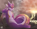  anthro blue_eyes dragon lava looking_at_viewer male purple_body rudragon scalie solo volcano wings 