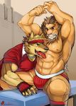  abs anthro biceps big_muscles blush brown_fur bulge canine clenched_teeth clothing duo fangs feline fingerless_gloves fur gay gloves green_eyes grin headband jockstrap kakushimi licking lion locker_room male mammal muscles necklace pecs red_eyes rugby shirt tan_fur teasing teeth tongue tongue_out underwear wolf 