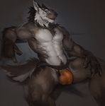  abs anthro biceps big_bulge black_nose blue_eyes brown_fur bulge chest_tuft claws clothing darkgem fangs feline fur grey_fur jockstrap lynx male mammal muscles pecs pirun pose sitting smile solo teeth toned topless tuft underwear white_fur 