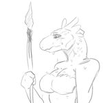  anthro bare_shoulders black_and_white breasts cleavage clothed clothing digital_drawing_(artwork) female half-length_portrait lihzahrd lizard monochrome reptile scalie solo sweat terraria unknown_artist video_games 