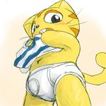  anthro blush briefs cat clothed clothing cub feline fur half-dressed kochimel male mammal navel nyani_ga_nyander_nyander_kamen nyanta_(nyander_kamen) shirt solo striped_fur stripes tighty_whities topless underwear young 