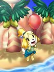  animal_crossing anthro balloon beach brown_eyes canine clothing coconut dog female isabelle_(animal_crossing) looking_at_viewer mammal nintendo outside seaside solo swimsuit tree video_games 