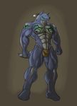  abs anthro biceps big_muscles black_nipples black_nose blue_fur bodypaint bulge canine clothing cyran ear_piercing fur grey_fur loincloth male mammal muscles nipples pecs piercing pose solo standing tattoo toned topless underwear wolf yellow_eyes 