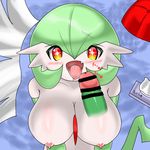  2014 anthro areola big_breasts blush breasts censored duo female gardevoir green_penis humanoid looking_at_viewer male multicolored_eyes nintendo nipples open_mouth penis pok&eacute;mon solo_focus tissue tissue_box tongue tongue_out video_games 情け無用組み手サーナイト 