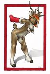  2014 anthro antlers arms_behind_back bent_over breasts cervine christmas female green_eyes hair holidays horn looking_at_viewer mammal mistletoe nipple_piercing nipples nude orange_hair piercing plant reindeer solo tachyon 