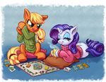  2014 applejack_(mlp) board_game card coffee cup dice duo earth_pony equine female feral freckles friendship_is_magic green_eyes harwick horn horse mammal monopoly my_little_pony pillow pony purple_eyes rarity_(mlp) steam sweater tongue tongue_out unicorn 