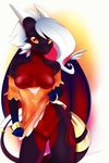  anthro castiell clothed clothing dragon female hair half-dressed horn looking_at_viewer orange_eyes pussy scalie smile solo white_hair wings 