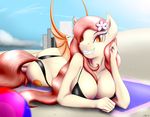  absurd_res anthro ball bat_pony beach bedroom_eyes big_breasts bikini blumagpie breasts clothing cutie_mark equine fan_character female fur hair hair_over_eye hi_res horse long_hair looking_at_viewer lying mammal membranous_wings my_little_pony orange_eyes outside pink_hair pony pose seaside seductive skyline slit_pupils smile solo swimsuit thestral tiny_wings wings 
