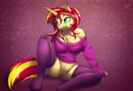  2014 anthro anthrofied bottomless cleavage clothed clothing equestria_girls equine female fur hair half-dressed hi_res horn legwear mammal my_little_pony pussy skipsy smile solo stockings sunset_shimmer_(eg) sweater thigh_highs two_tone_hair unicorn 