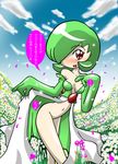  2010 anthro blush breasts clothed clothing cloud cute female flower gardevoir grass green_hair hair hair_over_eye humanoid japanese_text looking_at_viewer navel nintendo open_mouth outside plant pok&eacute;mon red_eyes sky solo text translation_request video_games yorunoko 