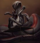  2014 ambiguous_gender anthro biological grey_skin looking_at_viewer multi_head naga red_eyes red_skin reptile scalie shaded snake solo table tongue waiting 