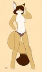  2014 anthro black_nose blue_eyes breasts brown_hair canine chest_tuft clothed clothing female fluffy_tail fox fur hair half-dressed mammal panties simple_background solo standing starfighter tan_fur topless tuft underwear white_belly 
