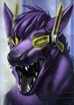  2014 anthro biological canine fur headgear male mammal open_mouth purple_fur roaring saliva science_fiction shaded solo teeth tongue unknown_species 