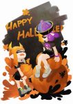  baiguiyu bangs black_shirt blunt_bangs bracelet brown_hair closed_eyes commentary domino_mask english halloween happy hat highres horns inkling jewelry looking_at_another mask ofuda open_mouth orange_hair pointy_ears pumpkin purple_hair shirt short_sleeves shorts smile splatoon_(series) splatoon_2 