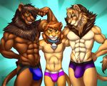  abs anthro autumus biceps bodybuilder briefs brown_fur brown_hair brown_nose bulge clothing collar feline flexing fur green_eyes grin group hair jockstrap lion male mammal mane muscles navel pecs pose seductive size_difference skyedrin smile sportsman standing tamari tan_fur teeth toned topless underwear vallhund 