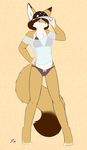  2014 anthro black_nose blue_eyes bra breasts brown_hair canine chest_tuft clothed clothing female fluffy_tail fox fur hair hat mammal panties shirt simple_background solo standing starfighter tan_fur translucent transparent_clothing tuft underwear white_belly 