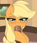  2014 animated applejack_(mlp) blinking blonde_hair digital_media_(artwork) duo earth_pony equine female feral freckles friendship_is_magic fur green_eyes hair half-closed_eyes horse inside long_hair looking_at_viewer male mammal my_little_pony oral orange_fur penis pony ratofdrawn saliva sex vein 