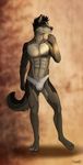  2014 abs anthro blue_eyes brown_fur bulge canine claws clothed clothing colored dog ear_piercing front fur hair half-dressed looking_at_viewer male mammal muscles nipples pecs piercing pose pubes shaded sketch solo standing tar0 toe_claws topless underwear 
