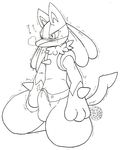  2014 anthro blush bulge canine clothing cula embarrassed erection fur japanese_text kneeling lucario male mammal nintendo penis pok&eacute;mon precum solo spikes sweat tears text translated video_games 