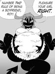  2014 animal_genitalia big_breasts bigger_version_at_the_source blush breasts cloaca english_text female fur horn matilda monochrome monster overweight plain_background raised_eyebrow sharp_teeth shyguy9 signature smile solo spreading step-monster teeth text 