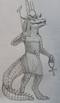  2014 ambiguous_gender anthro biological crocodile deity egyptian headdress plain_background polearm reptile scalie shaded sketch sobek solo staff teeth tunic 