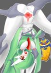  2011 ambiguous_gender anthro anus areola blush breasts butt censor_bar censored cofagrigus duo female gardevoir green_hair grey_background hair hair_over_eye humanoid nintendo nipples open_mouth plain_background pok&eacute;mon pussy red_eyes spread_legs spread_pussy spreading under_boob upside_down video_games white_body ねいちー 