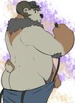  anthro bear beard butt caprine clothed clothing facial_hair gloves_(marking) half-dressed hat horn hybrid indigofactory looking_at_viewer looking_back male mammal markings obese overweight pants pants_down ram rear_view solo standing topless undressing zerostar 