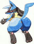  2014 anthro anus big_breasts blue_fur blush breasts butt canine cula female fur lucario mammal nintendo plain_background pok&eacute;mon presenting pussy red_eyes solo spikes tan_fur video_games white_background 