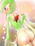  2010 anthro blush breasts butt clothed clothing female gardevoir green_hair hair humanoid looking_at_viewer looking_back nintendo pok&eacute;mon red_eyes solo video_games white_body トンスタン 