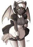  anthro bat_pony bedroom_eyes black_hair breasts clothing equine fan_character feather_duster female fur hair hi_res horse legwear long_hair looking_at_viewer maid_uniform mammal membranous_wings my_little_pony nipples plain_background pony pose seductive smile solo standing stockings the-rasp-b thestral wings yellow_eyes 