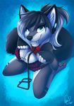  airia anthro bra canine cleavage clothed clothing collar digitigrade ear_piercing eipril female kneeling leash lingerie looking_at_viewer mammal necklace panties pawpads paws piercing shirt shirt_lift solo underwear wolf 