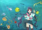  art_brush black_hair bubble fish glasses mintchoco_(orange_shabette) original paintbrush painting panties pantyshot red_eyes school_uniform serafuku solo surreal thighhighs twintails underwater underwear wet wet_clothes white_panties 