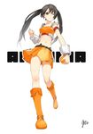  arancia bare_shoulders black_hair boots character_name food fruit full_body holding holding_food holding_fruit legs long_hair looking_at_viewer midriff miniskirt miz navel one_eye_closed orange orange_(color) orange_skirt original signature skirt smile solo twintails white_background 