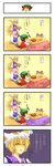  4koma :3 absurdres animal_ears blonde_hair blush_stickers brown_hair cat_ears cat_tail chen comic earrings eating fox_tail hana_azuki hat hat_ribbon highres jewelry long_hair long_sleeves multiple_girls multiple_tails oven_mitts pillow_hat ribbon short_hair sleeping slippers socks tail tassel touhou translated wide_sleeves yakumo_ran yakumo_yukari yellow_background 