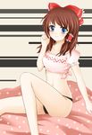  bad_id bad_pixiv_id blue_eyes blush bow brown_hair hakurei_reimu midriff nikoo panties ribbon shirt smile solo tied_shirt touhou underwear 