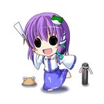  chibi cosplay detached_sleeves hat ichimi kochiya_sanae kochiya_sanae_(cosplay) nagae_iku onbashira purple_hair pyonta solid_circle_eyes solo touhou 