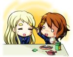  chibi chopsticks drooling eyebrows food hirasawa_yui k-on! kotobuki_tsumugi multiple_girls o_o saku1983 saliva school_uniform takuan 