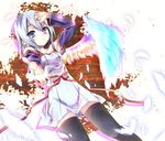  black_legwear blue_eyes blue_hair dress feathers foreshortening gradient_wings heterochromia multicolored multicolored_wings original outstretched_arm outstretched_hand red_eyes sho_(runatic_moon) short_hair solo tears thighhighs wings zettai_ryouiki 