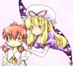  :&lt; blonde_hair bow brown_hair cheek_pinching detached_sleeves elbow_gloves eyes gap gloves hair_ribbon hakurei_reimu hana_azuki hat long_hair multiple_girls pinching purple_eyes red_eyes ribbon short_hair touhou white_gloves yakumo_yukari 