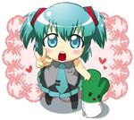  aqua_eyes aqua_hair chibi child hatsune_miku necktie nekomura_otako open_mouth pillow short_hair short_twintails skirt solo spring_onion stuffed_animal stuffed_toy themed_object thighhighs twintails v vocaloid younger 