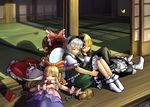  blonde_hair bow braid brown_hair chain detached_sleeves ghost gourd hairband hakurei_reimu hat hijirisu_(spity) horns ibuki_suika kirisame_marisa konpaku_youmu konpaku_youmu_(ghost) long_hair multiple_girls short_hair silver_hair sleeping socks touhou witch_hat 